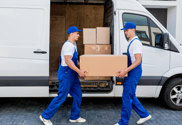 Professional movers carrying large box from moving van – Moving Pro Dallas