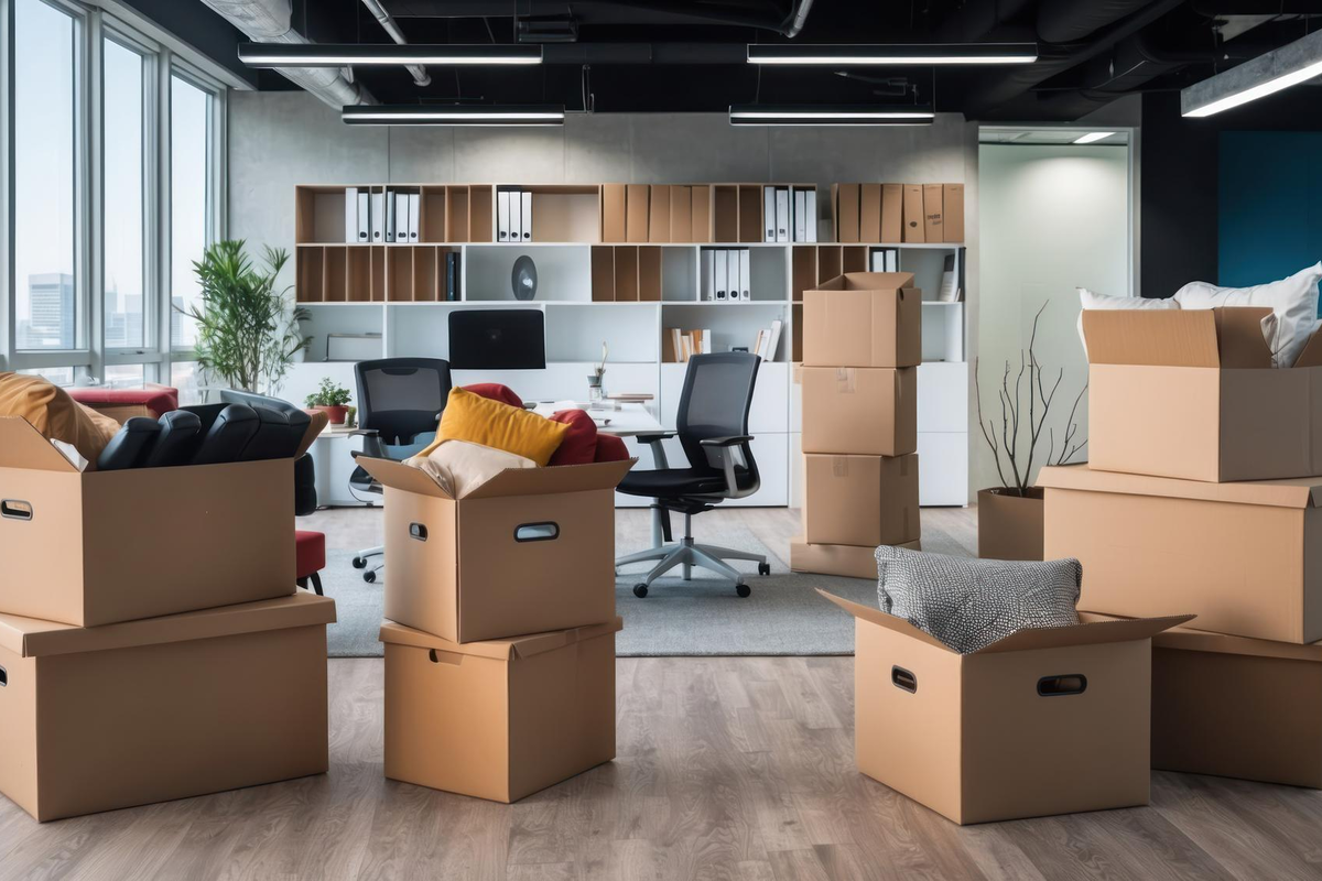 Office space prepared for relocation with packed boxes – Moving Pro Dallas